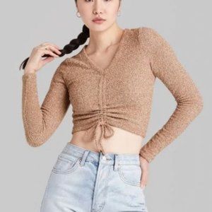NWOT Wild Fable Beige Fuzzy Crop Top Cinched Front Sweater - Large